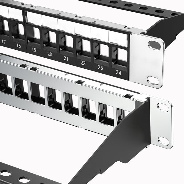 24 Port Blank Patch Panel, 1U 19inch Rack/Wall Mount Patch Panel with Cable Management Bar, Compatible with Cat6 Keystone Jacks, HDMI, Coax, USB, Fiber, Audio Keystone Jacks
