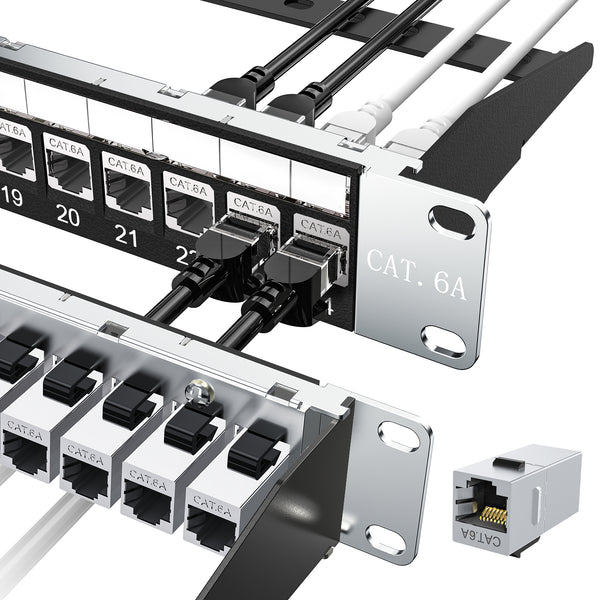 24 Port Shielded Patch Panel Rack or Wall Mount 19-Inch [UL Listed], 1U Cat6A Network Panel with 24 Preloaded Keystone Couplers + 1 Spare, 10Gbps Ethernet Panel with Cable Management & Back Bar